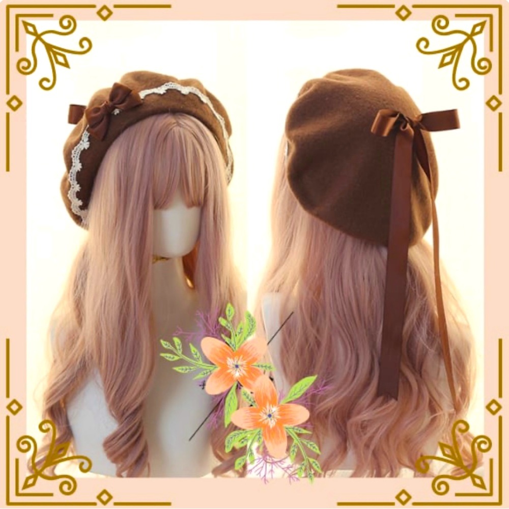 Brown Lolita Beret Cap with Navy cute lace Ribbon